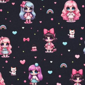 Jersey stof, digitale dolls print, donkerblauw/roze/paars. Y635
