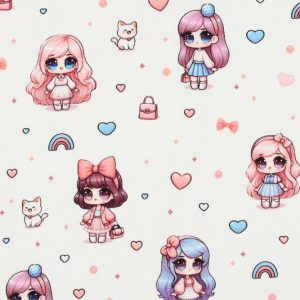 Jersey stof, digitale dolls print, offwhite/blauw/roze/paars. Y636