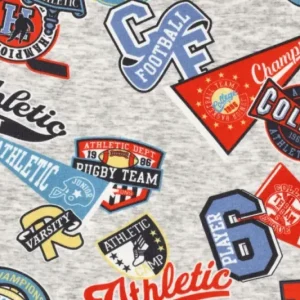 Jogging stof, borg binnenzijde, league ballprint, grijs/blauw/rood/geel. Y1045