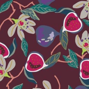 Jogging stof, happy fleece, vijgen en bloemenprint, fuchsia/petrol/blauw/crème. Qjutie Y1010