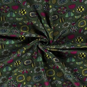 Wellness jogging, vrolijke bloemen en insecten print, donkergroen/lime/roze. Q2732