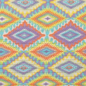 Katoen voile stof, mozaïekprint met gouden lurex streepje, geel/lila/paars/groen. X029