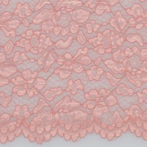 Kant stof, bloem motief, zalm roze. VK011