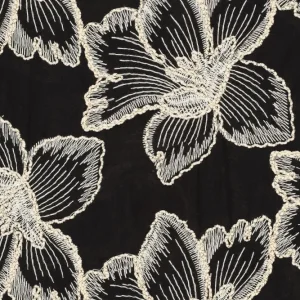 Katoen broderie stof, grote bloemen, zwart/crème/goud. P481