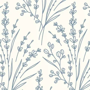 Poplin katoen stof, getekende droogbloemenprint, oudblauw/offwhite. P455