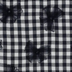 Katoen ruit stof, tule bloemen, donkerblauw/wit. P005