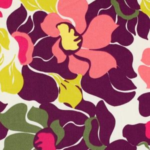 Katoen satijn stof, abstracte bloemenprint, offwhite/groen/paars. X1270