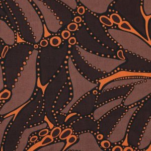 Katoen satijn stof, abstracte grafische bloemenprint, bruin/oranje/beige. Y535