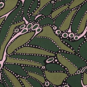 Katoen satijn stof, abstracte grafische bloemenprint, groen/roze. Y536