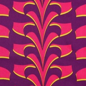 Katoen satijn stof, abstracte print, fuchsia/geel/paars. X1251