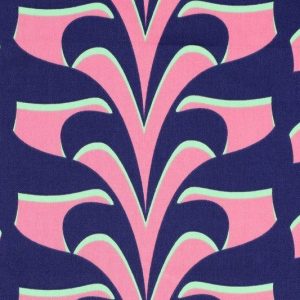 Katoen satijn stof, abstracte print, blauw/roze. X1253