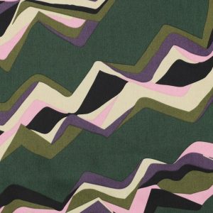 Katoen satijn stof, abstracte zigzagprint, groen/paars/beige/lila. Y538