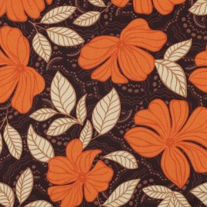 Katoen satijn stof, bloemenprint, bruin/oranje/beige. Y533
