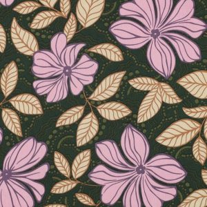 Katoen satijn stof, bloemenprint, groen/beige/lila. Y537