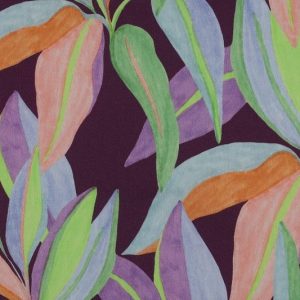 Katoen satijn stof, digitale bladprint, paars/oranje/groen, Poppy meets Pommé. X1435