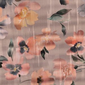 Katoen satijn stof, digitale bloemenprint, perzik/groen. P519