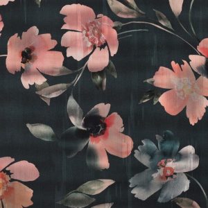 Katoen satijn stof, digitale bloemenprint, perzik/petrol. P520