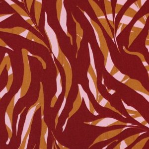 Katoen satijn stof, soepel vallend, fantasie bladerenprint, donkerrood/cognac/lichtroze. X505
