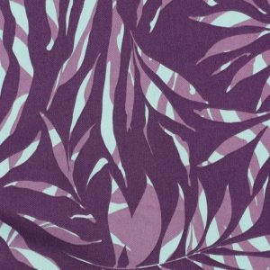 Katoen satijn stof, soepel vallend, fantasie bladerenprint, paars/mint groen. X506