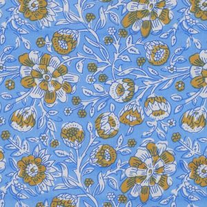 Handgemaakte blokprint katoen stof, bloemenprint, blauw/geel/offwhite. P547
