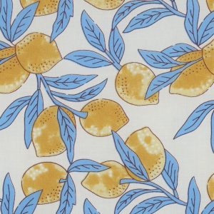 Handgemaakte blokprint katoen stof, citroenenprint, offwhite/blauw/geel. P546