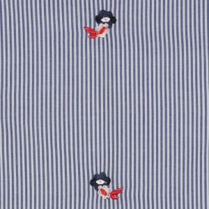 Katoen stof, streepje motief met geborduurde bloemen, blauw/wit/rood. P007