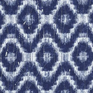 Katoen stof, soepel vallend, zigzag blok met zilveren druppels, blauw/zilver. Y283