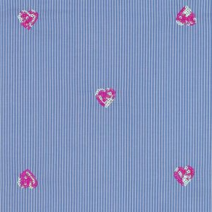 Katoen streep stof, pailletten hartjes, blauw/wit/fuchsia. P500