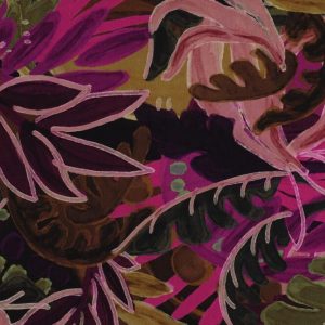 Katoen viscose stof, bladprint, paars/magenta/groen, by Pommé. P044