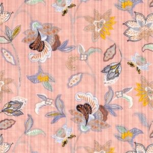 Katoen viscose stof, getekende bloemprint, roze/blauw/geel/wit. C458