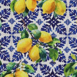 Katoen viscose stof, digitale tegeltjesprint met citroenen, blauw/wit/geel. P513