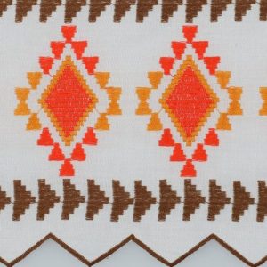 Katoen voile rand stof, 1 kant, wit/bruin/oranje. X058