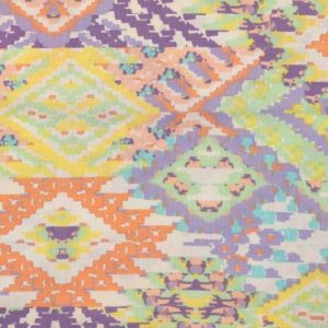 Katoen voile rayon stof, karpetprint, pastel geel/lila/oranje/lichtgroen. X028