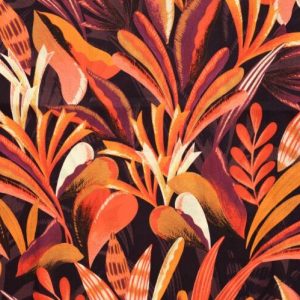 Katoen voile stof, bladprint, oranje/paars. Y475A