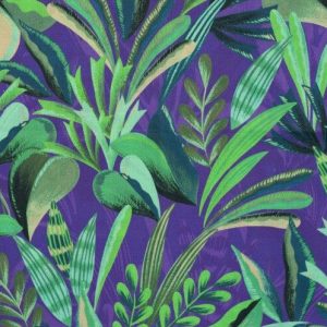 Katoen voile stof, bladprint, groen/paars. Y476A