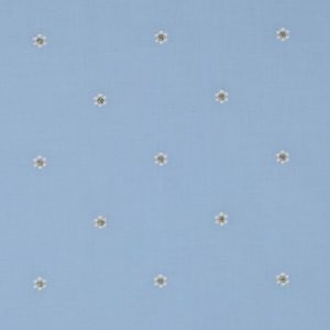 Katoen voile stof, geborduurde kleine bloemen met gouden hartjes, lichtblauw/offwhite/goud. P030