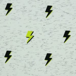 Katoenen jersey stof, bliksemprint, offwhite/zwart/geel. A0068