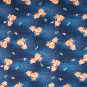 Katoenen tricot stof, jeans print met vosjes en bladeren, jeansblauw/oranje. Q2917