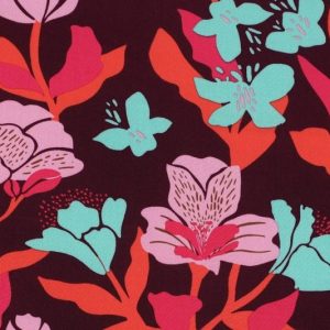 Lenzing ecovero stof, amira floral Nerida Hansen, bordeaux. X1338