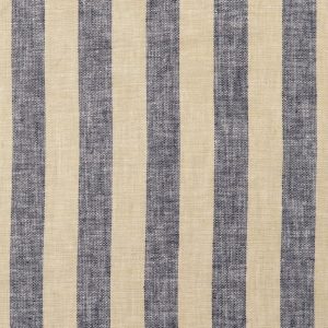 Linnen katoen stof, brede streep, blauw/zand. P278