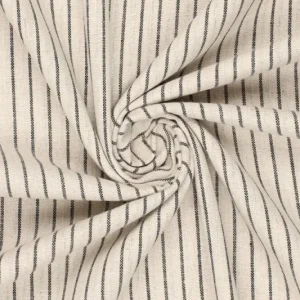 Linnen katoen stof, lurex smalle streep motief, naturel/zwart/zilver. P257