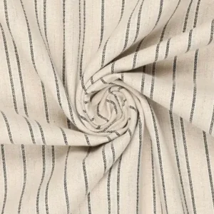 Linnen katoen stof, lurex streep motief, naturel/zwart/zilver. P256