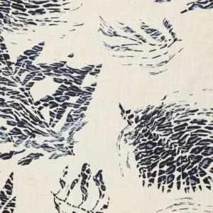 Linnen slub stof, fantasie grote bladprint, naturel/blauw. P593