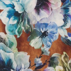 Linnen stof, digitale bloemenprint, bruin/blauw/groen. C006