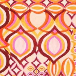 Linnen viscose stof, diverse retro motieven, lichtroze/fuchsia/oranje/donkerrood. D0620