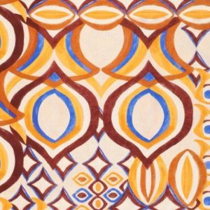 Linnen viscose stof, diverse retro motieven, crème/bruin/kobalt blauw/mosterdgeel. D0621