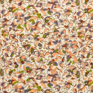 Linnen viscose stof, getekende bloemetjesprint, naturel/bruin/zalm/groen/lila. P367