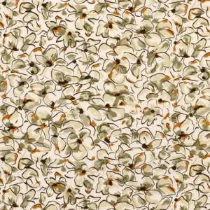 Linnen viscose stof, getekende bloemetjesprint, naturel/groen/grijs/bruin. P368