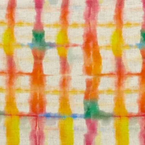 Linnen viscose stof, ruitprint, naturel/oranje/geel/groen. P366