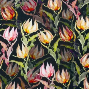 Linnen viscose stof, wilde tulpenprint, donkerblauw/groen/oranje/roze. P365